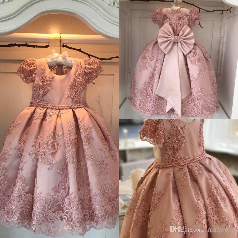 

2020 Cheap Pink Flower Girls Dresses For Weddings Pearls Ball Gown Princess Girl Pageant Gowns Children Communion Dress, Black