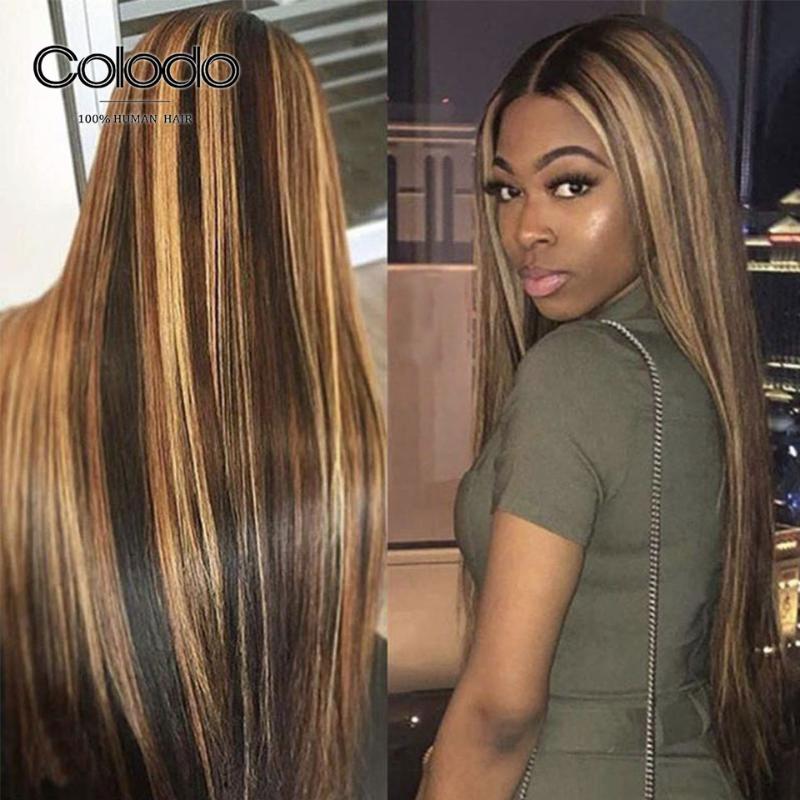 

COLODO Brown Highlight Wig Pre Plucked 13x6 Lace Front Wig Remy Brazilian Straight Lace Front Human Hair Wigs for Black Women, Brown highlights wig