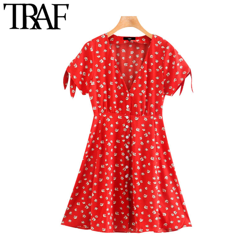 

TRAF Women Chic Fashion Floral Print Pleated Mini Dress Vintage V Neck Tied Short Sleeve Female Dresses Vestidos Mujer, As picture