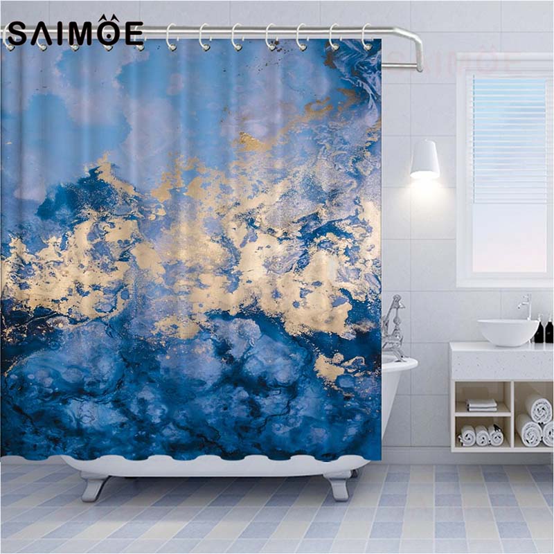 

SAIMOE Marble Texture Shower Curtains Liquid Golden Bathroom Shower Curtain Blue Stone Abstract Art Home Decor Bathroom Curtain