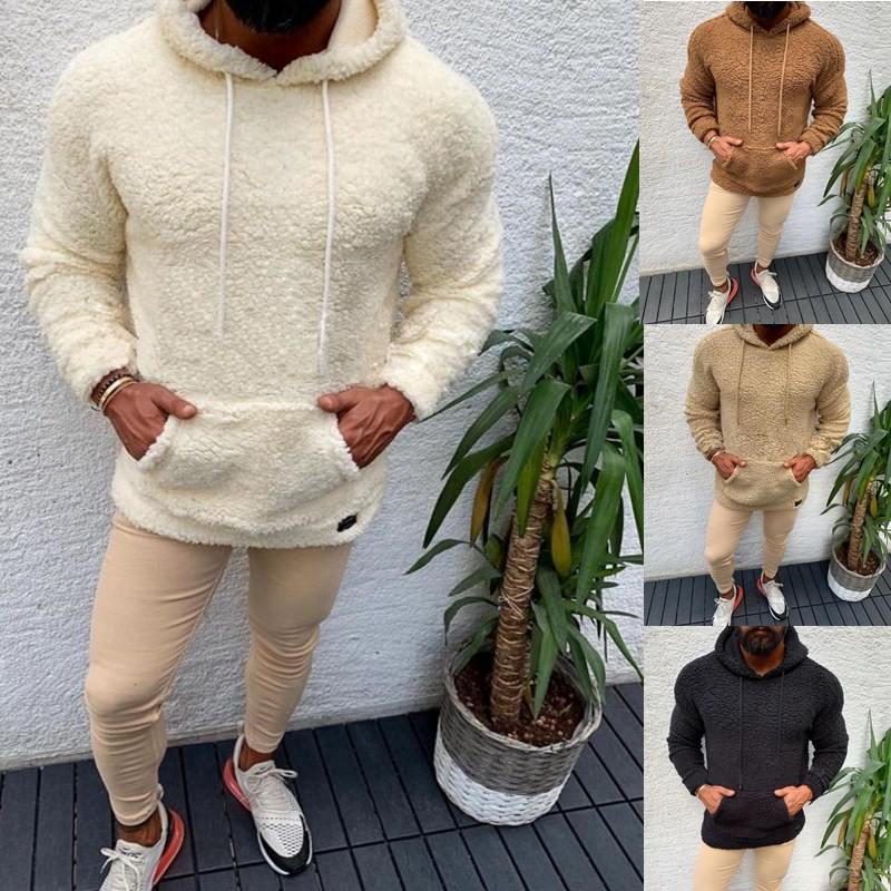 

Winter Hooded Sherpa Sweater Big Pocket Teddy Fleece Fluffy Pullovers Men's Plus Size Warm Fleece Tops Streetwear, Beige
