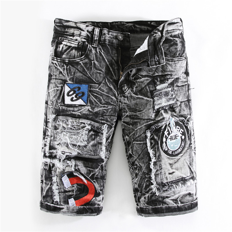 

New Men's Stretch Hole Denim Shorts Embroidery Black Gray Five-point Pants European and American Style Loose Straight Jeans Shorts, Black gray-bp317