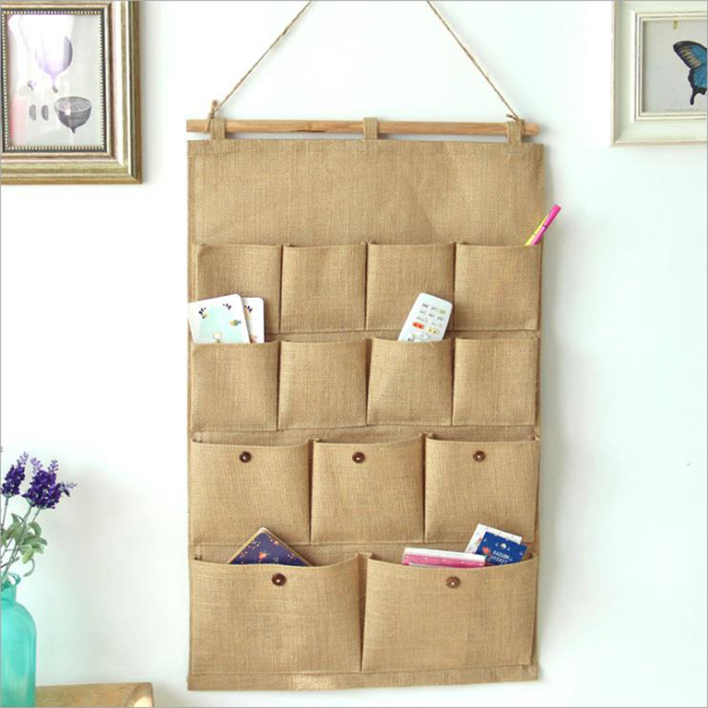

Home fabric decorative hanging storage bag 13 pocket plain cotton waterproof moisture-proof hanging bag Wall storage, Brown