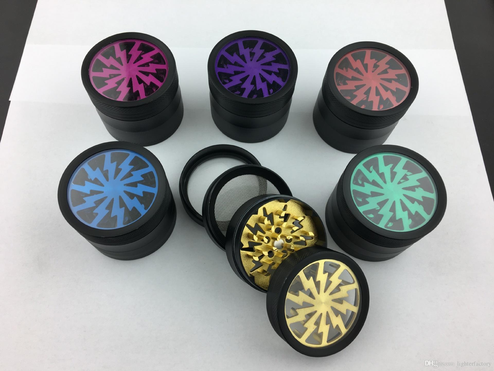 

Tobacco Smoking Herb Grinders Four Layers Aluminium Alloy Grinder 100% Metal dia 63mm have 5 colors With Clear Top Window Lighting Grinder