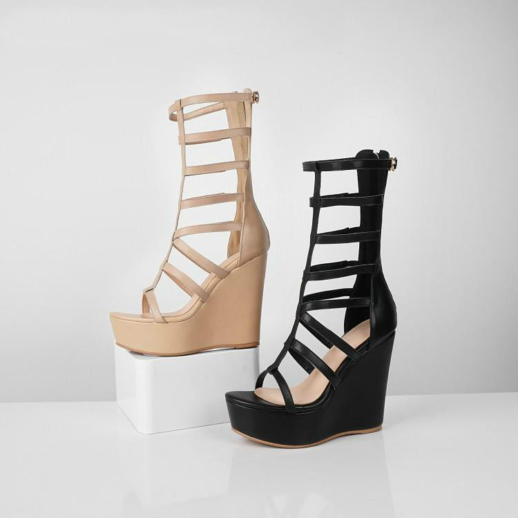 

Black Beige Leather Narrow Band Women Sandals Peep Toe High Wedges Heels Gladiators Cover Heel Back Zipper Zapatos Platform Shoe