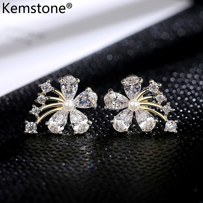 

Stud Kemstone Daisy Flowers White Zircon Rose Gold Silver Plated Pearl Female Earrings Women Jewelry Gift