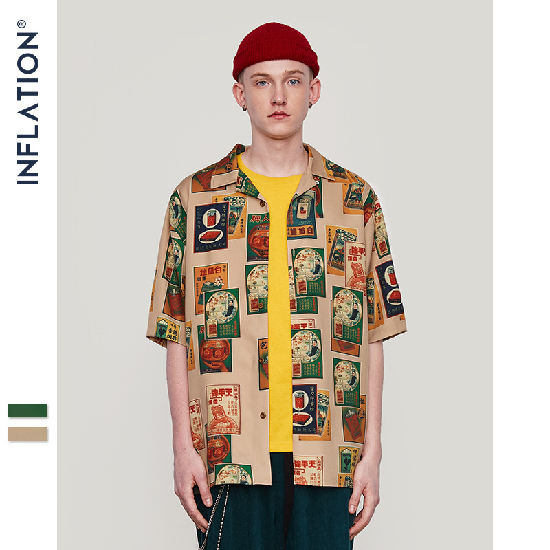 

INF men's clothing | 2019 spring and summer new fashion street fashion casual retro cigarette digital printing loose men's shirt, White;black
