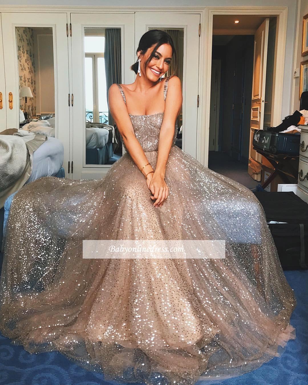 

2019 Sparkly Sequined Prom Dresses Square Neckline Straps A Line Long Formal Evening Gowns Cheap Fashion Celebrity Gowns BC0349, Light sky blue