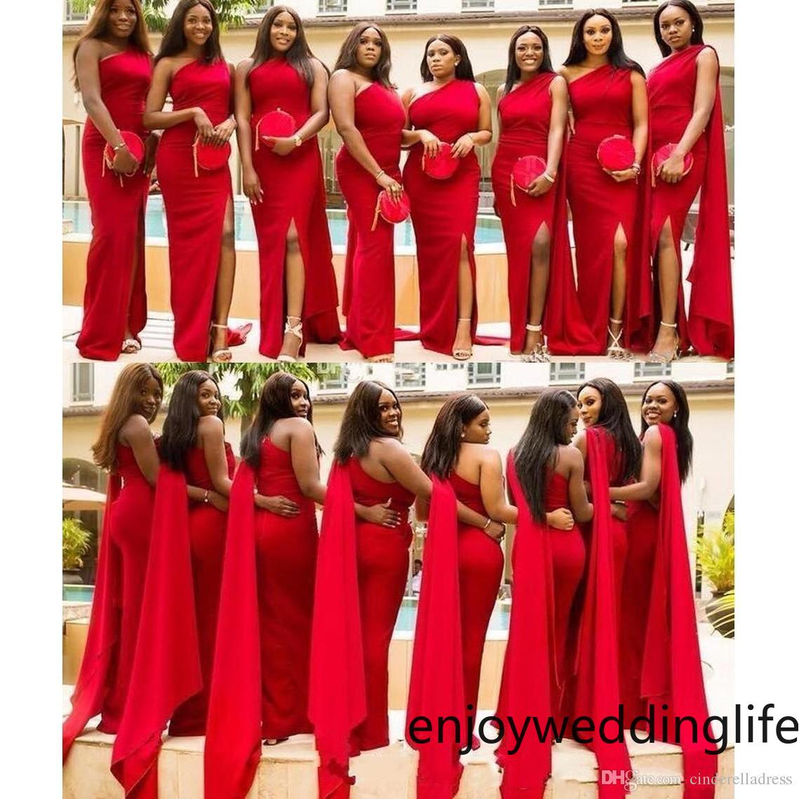 

Arabic Red Mermaid Bridesmaid Dresses Elegant One Shoulder Side Split Plus Size Wedding Guest Dress African Maid of Honor Gowns