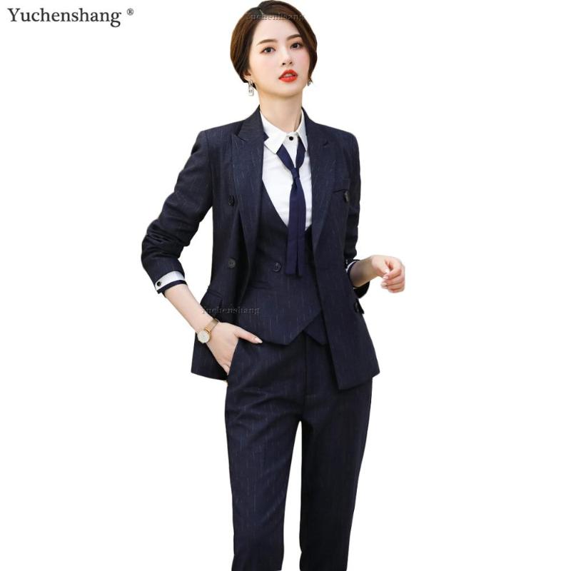 

Women High Quality Black Blue Striped Pant Suits For Office Lady Formal Business Work Wear Vest Blazer and Pant 3 Pieces Set, Black 3 pieces suits