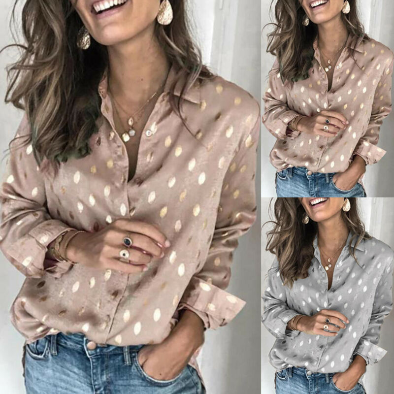 

HOT Women Dot Print Formal Luxury Champagne Blouses Office Lady Shirt And Blouses Lapel Neck Button Polka Dots Print Slim Shirt, Gray