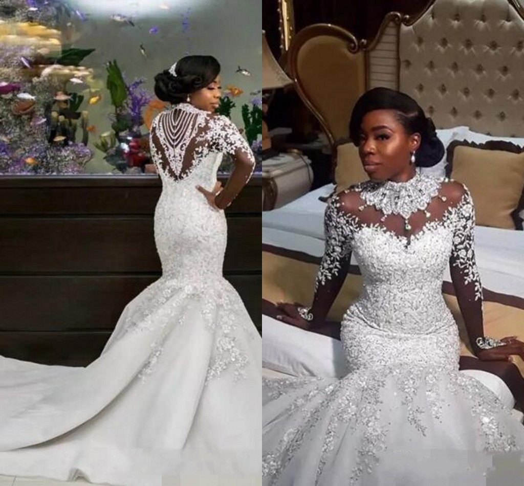 

New Hot Sexy African Plus Size Mermaid Wedding Dresses High Neck Lace Appliques Beads Crystal Illusion Long Sleeves Court Train Bridal Gowns, Ivory