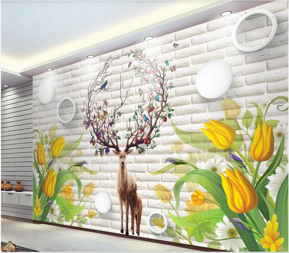 

Custom wall stickes photo Tulip elk woods mother and child 3D brick wall TV background home decor murals wallpaper for walls 3 d, Non-woven wallpaper