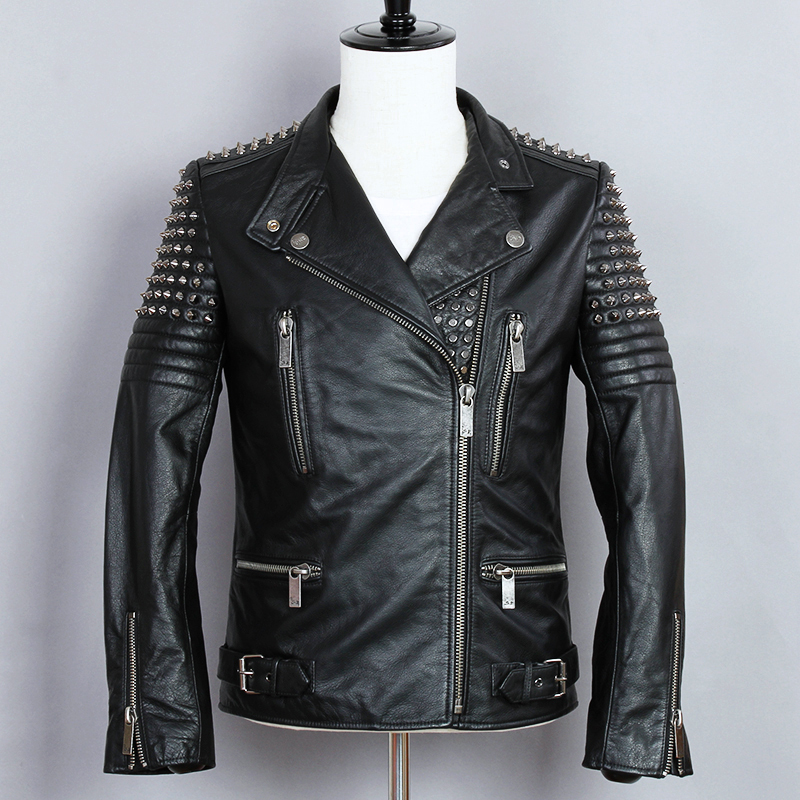 

2020 Fashion Punk Style Metal Rivet Motorcycle Men Cowskin Genuine Leather Jacket Black Slim Turn-down Collar Biker Coat
