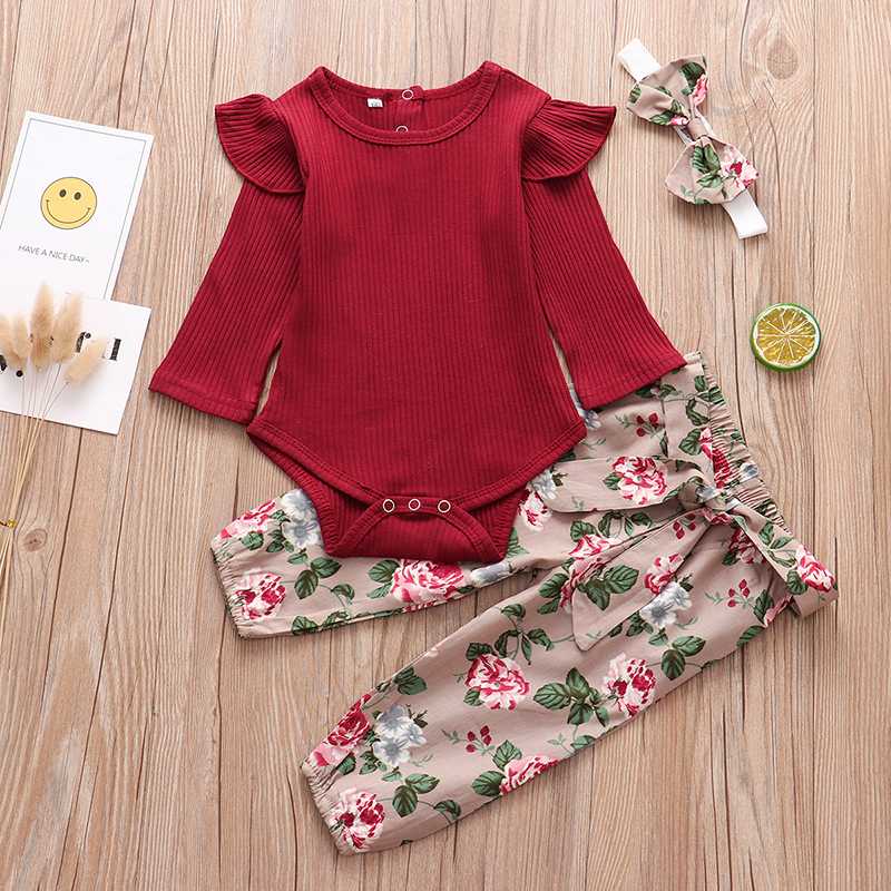 

Autumn Newborn Baby Girl Clothes Set Solid Color Long Sleeve Ruffle Romper Tops Flower Pants Headband 3Pcs Infant Clothing, Yellow