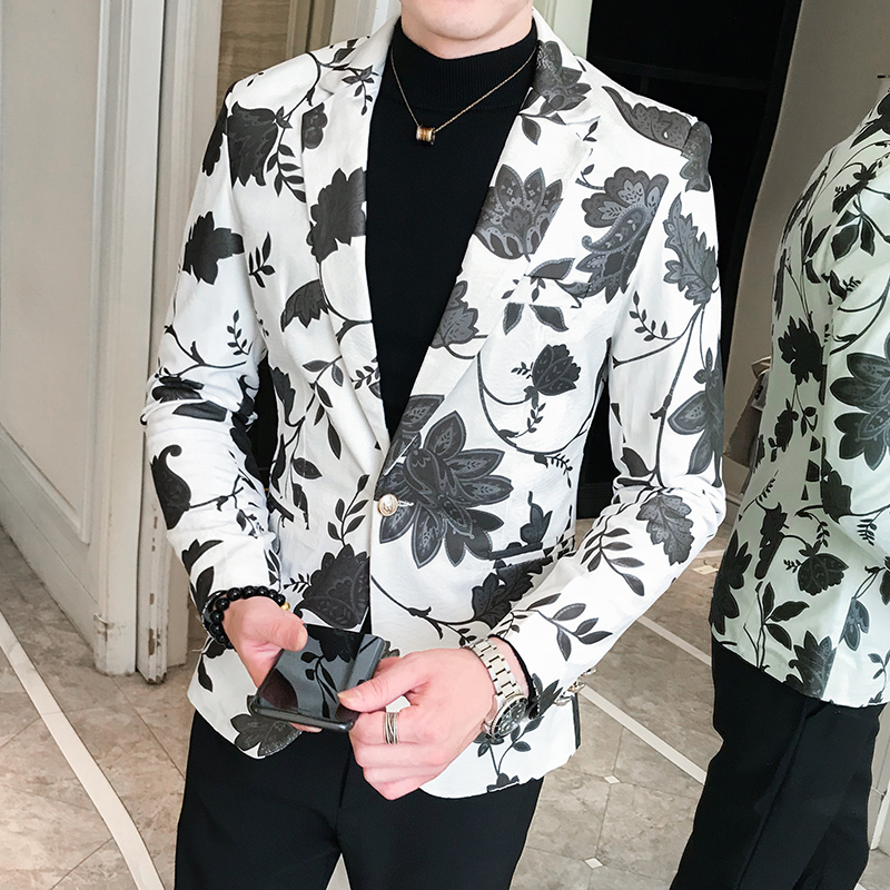 

2020 New Floral Blazer Jacket Men Korean Fashion Slim Fit One Button White Spring Streetwear Tops Fancy Cool Suit Coat Male, Black
