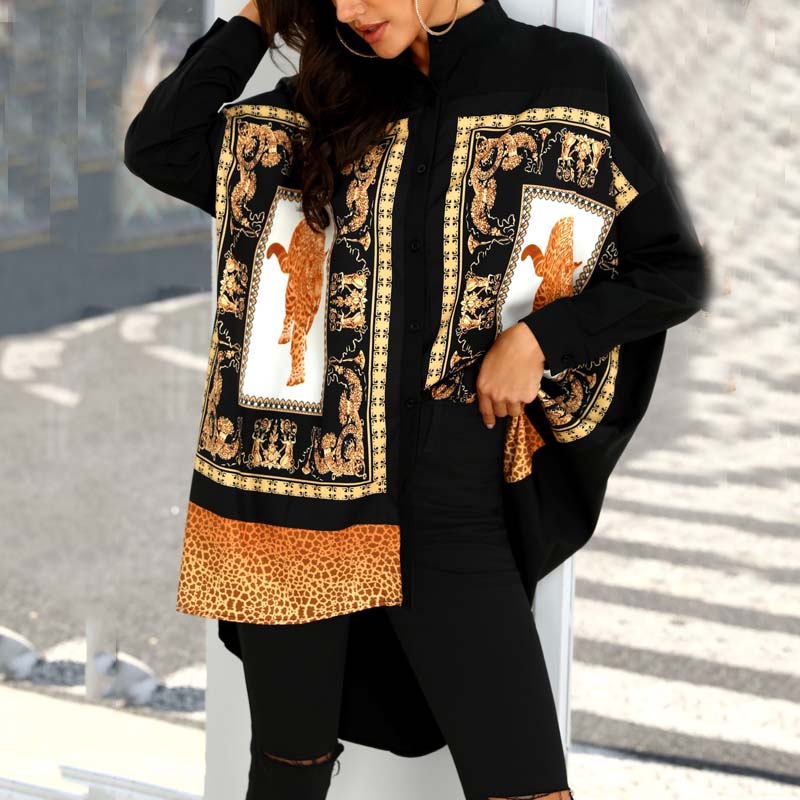 

Vintage print loose long shirt Women 2019 fashion Ethnic stepped hem shirts turn-down vollar Long sleeve streetwear summer top, Black