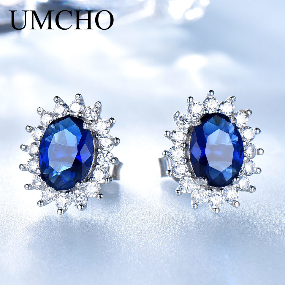 

UMCHO Luxury Genuine 925 Sterling Silver Earrings for Women Blue Sapphire Diana Wedding Party Jewelry Romantic Gift Fine Jewelry CJ191223