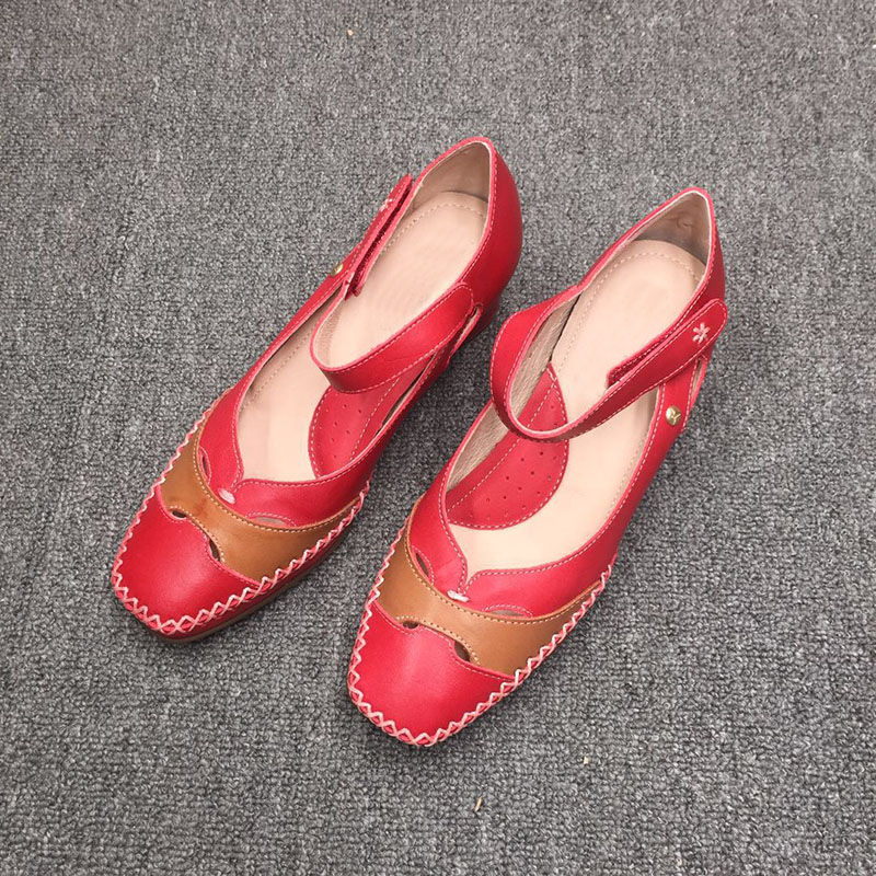 

Soft leather color-blocking retro hollow breathable handmade shoes low-heeled comfortable single shoes ladies summer sandals, Red