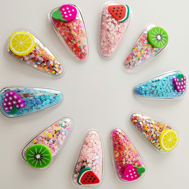 

New Fashion Bling Barrettes Quicksand Transparent Fruits Hair Clips Kids Girls Hair Snap Hairpin Headwear Hair Accessories for Women FHC001, Watermelon hair clips