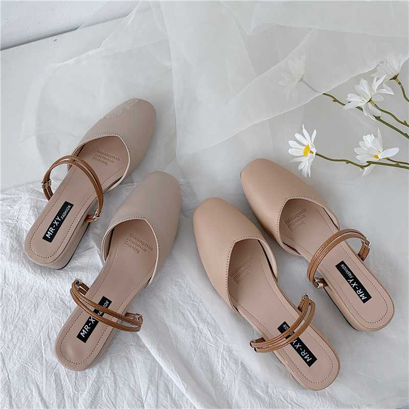 

Pointed Toe Womens Flat Slippers Slip On Mules Shoes Woman PU Leather Flats Loafers For Women Summer Casaul Flip Flops, Beige