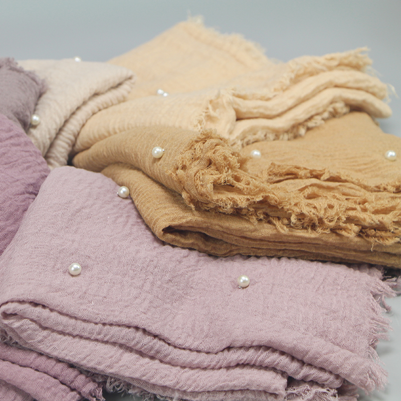 

190*100cm Lady Fashion Cotton Beads Wrinkle Scarf Shawl Plain Crumple Pearl Wrap Foulard Pashmina Muslim Headband Hijab VKHJ1003