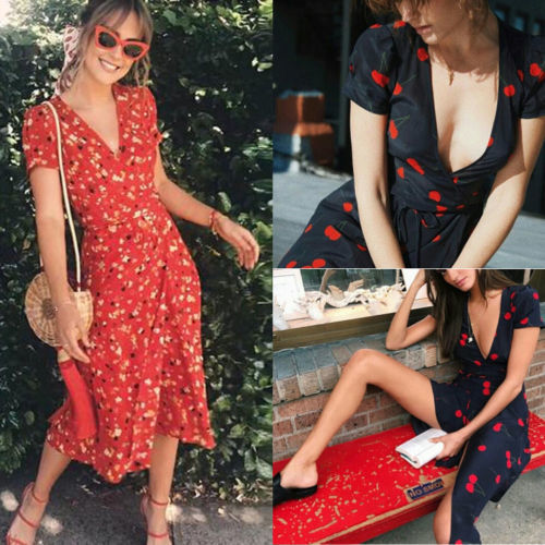 

New Arrival Women Summer Sexy Boho Red Black Floral Medium Maxi Evening Party Beach Dress Sundress Plus Size