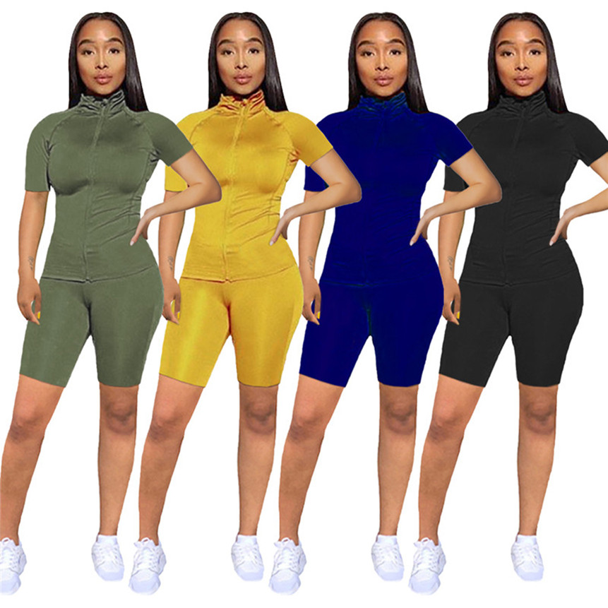 femmes couleur unie survêtement décontracté 2 pièces ensemble fermeture éclair à manches courtes t-shirtmini short mode vêtements d'été tenues sl