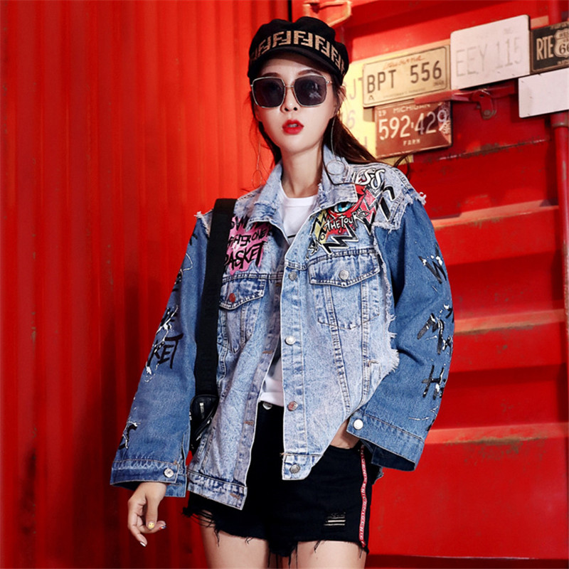 

Women Jacket Spring Autumn Streetwear Pattern Letters Graffiti Casual Coat Casual Clothing Tops Harajuku Denim Jacket Chaqueta, As pic
