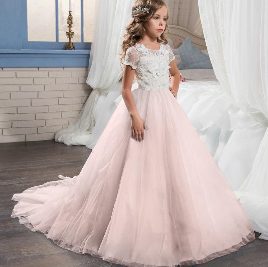 

New Big Girls Princess Long Dress Kids Flowers Lace Tulle Tutu Short Sleeve Dress Children Girl Ball Gown Party Dresses W354, Purple
