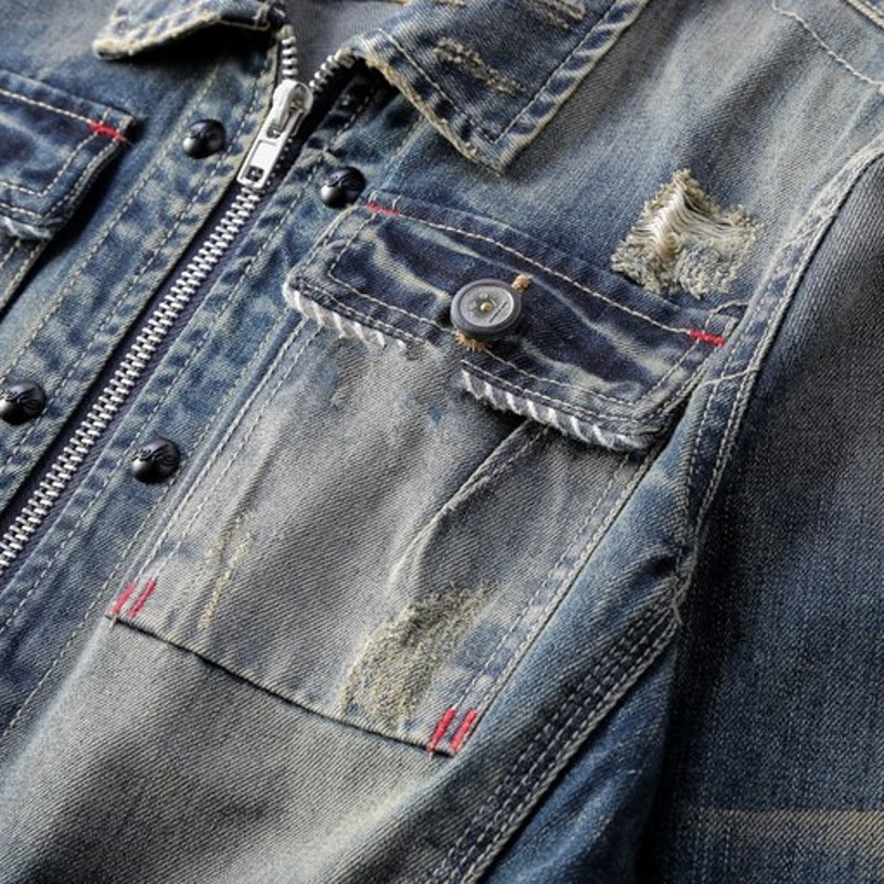 

Korean Fashion Hole Ripped Pockets Mens Denim Jackets Long Sleeve Slim Fit Zipper 100% Cotton Male Outerwear Coats Plus Size, As picture