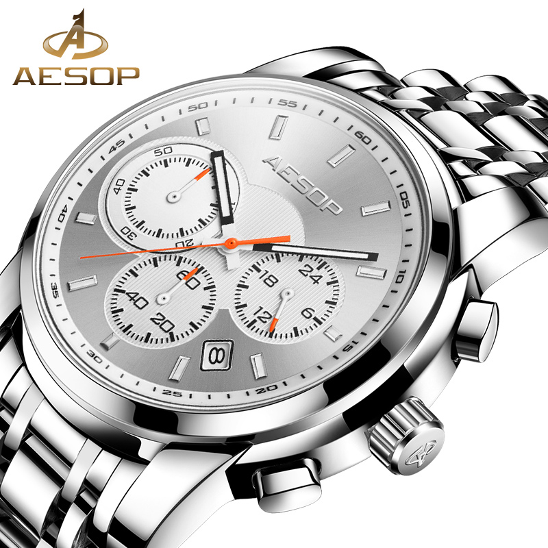 

AESOP Men's Watch Top Brand Luxury Men Wristwatch Male Clock Gold Man Watch Chronograph Waterproof Watches Relogio Masculino, Slivery;brown