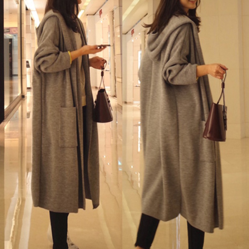 2018 Autumn Winter Knitted Hooded Cardigan Women Fashion Long Sleeve Solid Cardigan Sweater Female Casual Loose Outwear Tops