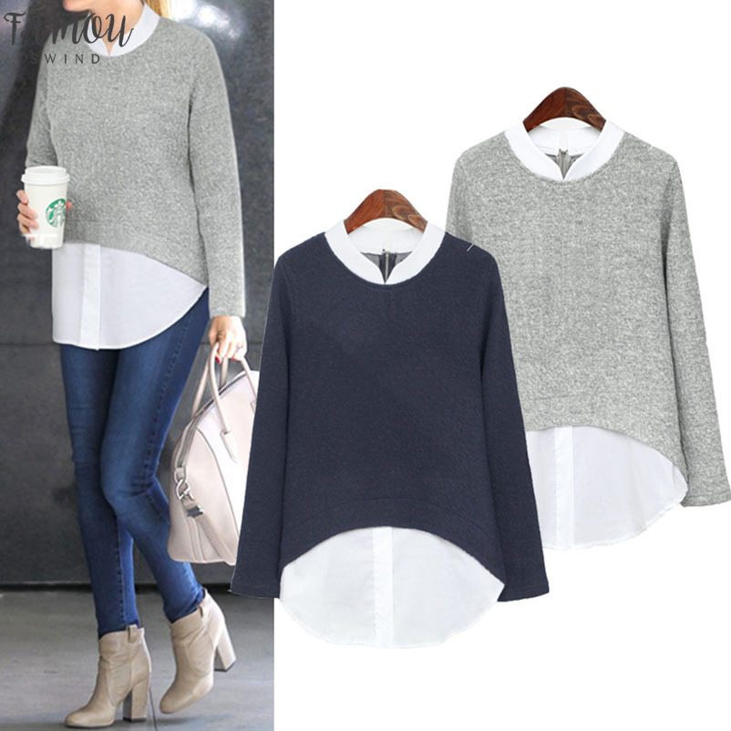 

2020 Autumn New Women Blouses Casual Long Sleeve Blouse Patchwork Fake Two Pieces Shirts Plus Size Shirt Women Tops Blusas, White