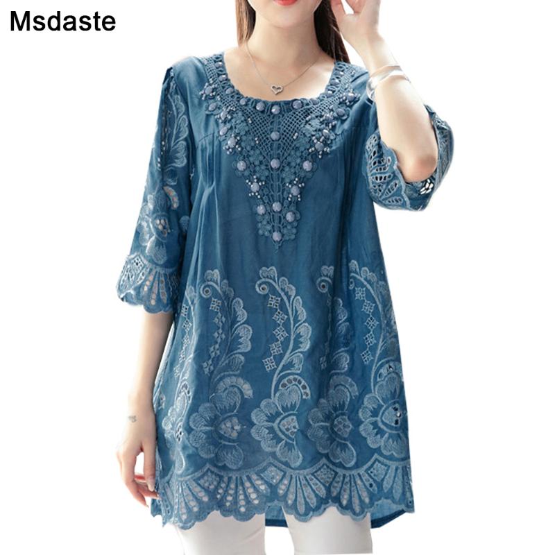

Summer Blouses and Tops for Women 2020 Embroidery Beads Vintage Ladies Blouse Plus Size ~4XL A-line Loose Woman Tunic Tops, Green