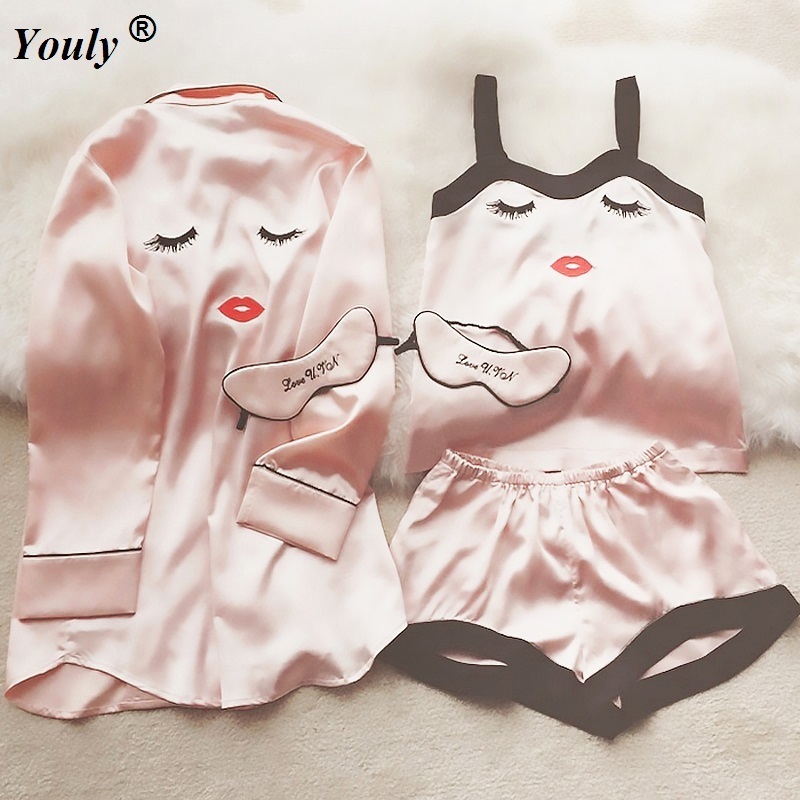 

Pajama Silk Sets 4 Pieces Pajamas Women Sleepwear Female Satin Pijama 2019 Cute Fashion Pyjamas Women Silk Elegant Sleep Lounge J190613, Pink