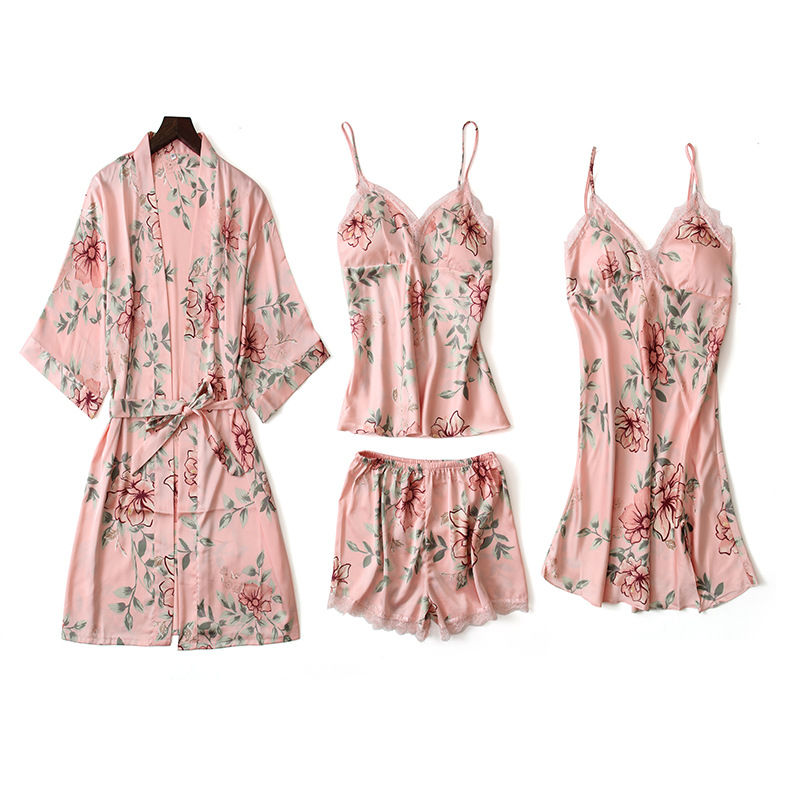 

4 Piece Women Pijamas Dress Plus Size Silk Robe Set Pink Lingerie Bathrobe Sleepwear Sets Womens Tops and Blouses Nightwear, Black