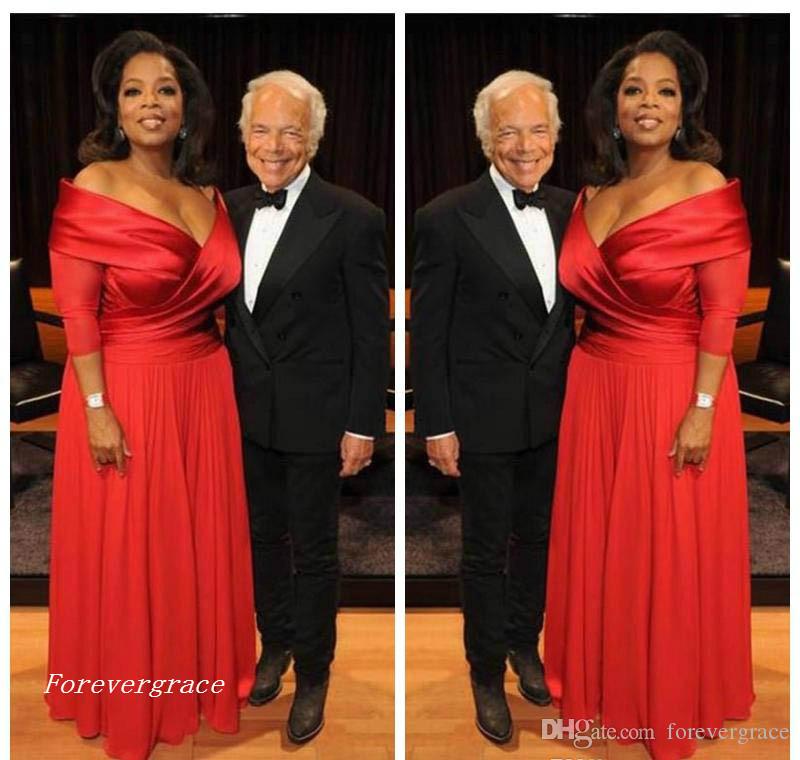 

2019 Elegant Oprah Winfrey New Red Off The Shoulder Evening Dress Long Chiffon Formal Holiday Wear Party Gown Custom Made Plus Size, Dark green