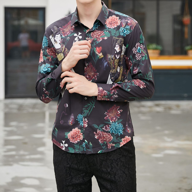 

Fashion trend Flower Print Men shirt Social Casual Slim Fit Long-sleeved Shirt High-end Brand Social Men Club Prom Dress