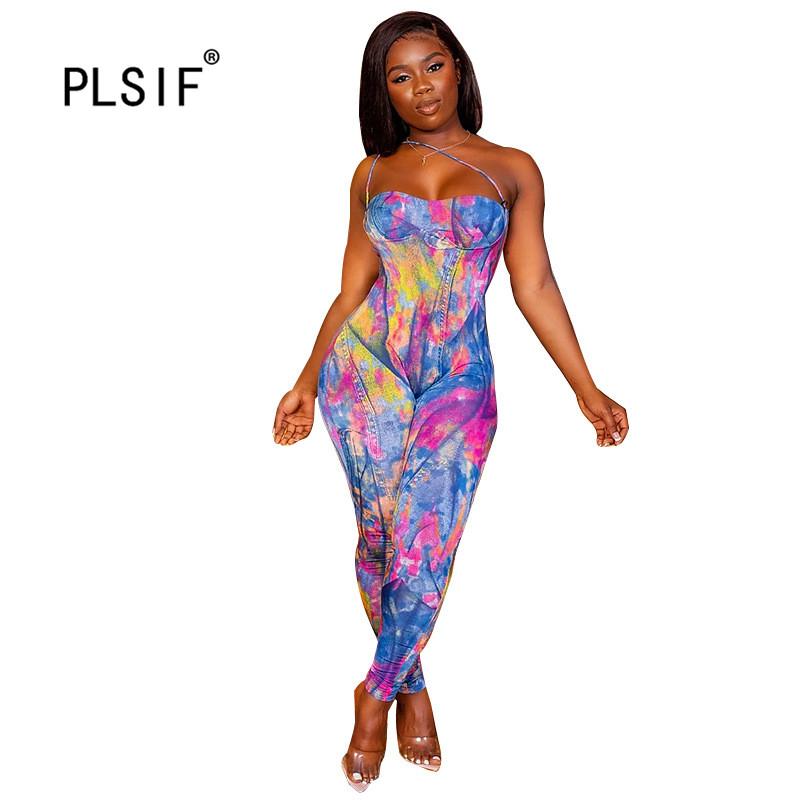

2020 new product rainbow tie dye print fashion jumpsuits lady sexy strapless catsuits club sexy tide jumpsuits, Blue