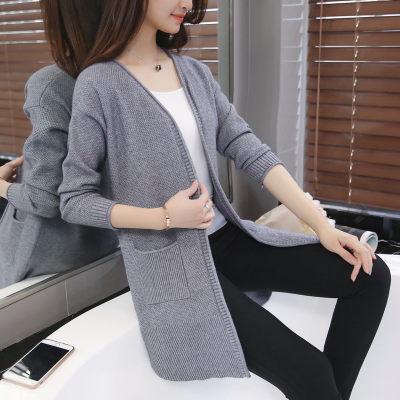 

2018 Autumn And Winter Medium Length Knitted Sweater Curled Pocket Cardigan, Black