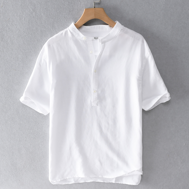 

New summer short-sleeved linen shirt men stand collar loose shirts for men casual breathable flax shirt mens camisa chemise, Gray