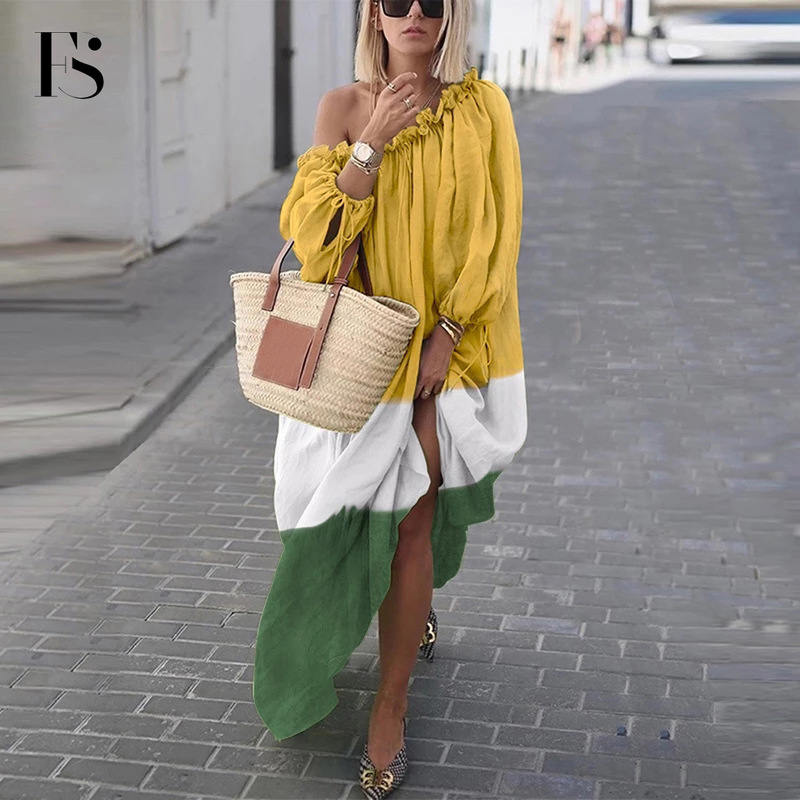 

2020 New Arrival Long Sleeve Plus Size Slash Neck Boho Dresses Lot Solid Shiny Summer Bohemian Beach Maxi Dress For Women Summer, Gray