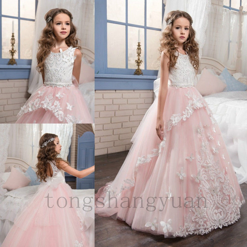 Robe de bal scintillée fleur filles robes transparente couche blanc top applique en dentelle première communion concours de concours pour adolesc