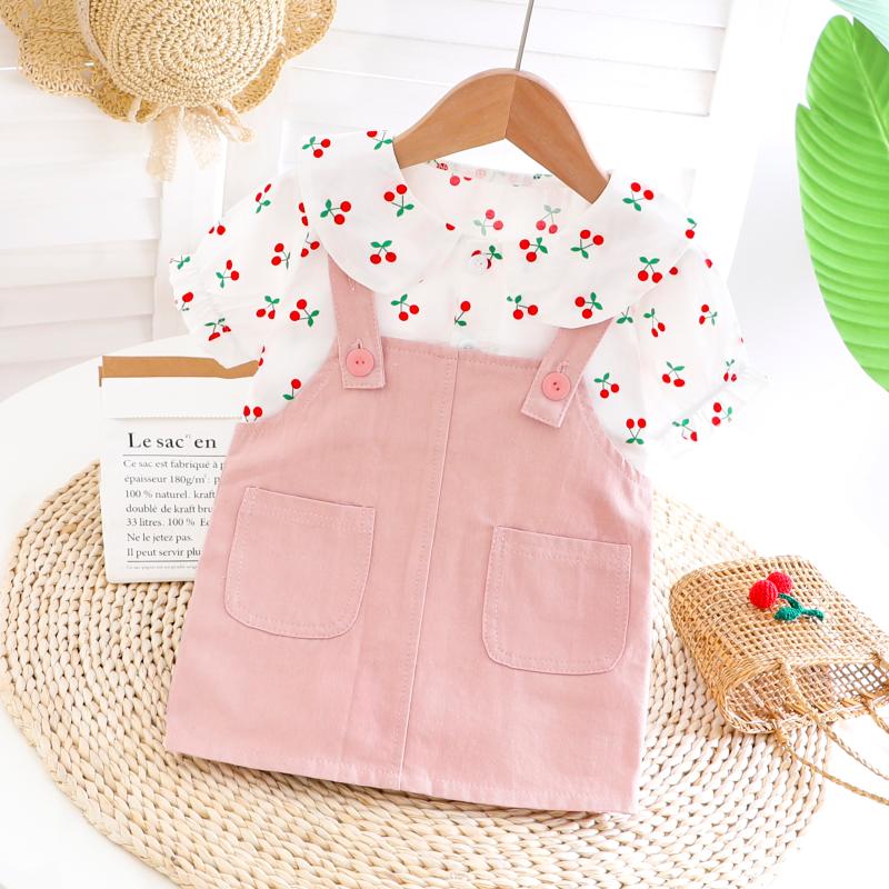 

2020 Summer Girls Clothes Two Piece Suit Cherry Printed Doll Collar T-shirt Bib Skirt School Style Children's Clothing Sets, Pink