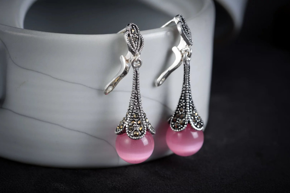 

sterling-silver-jewelry Natural STONE 925 SILVER NATURAL 10MM PINK stone BEADS EARRINGS Brincos Ohrringe Sterling Silver Jewelry Earring, White