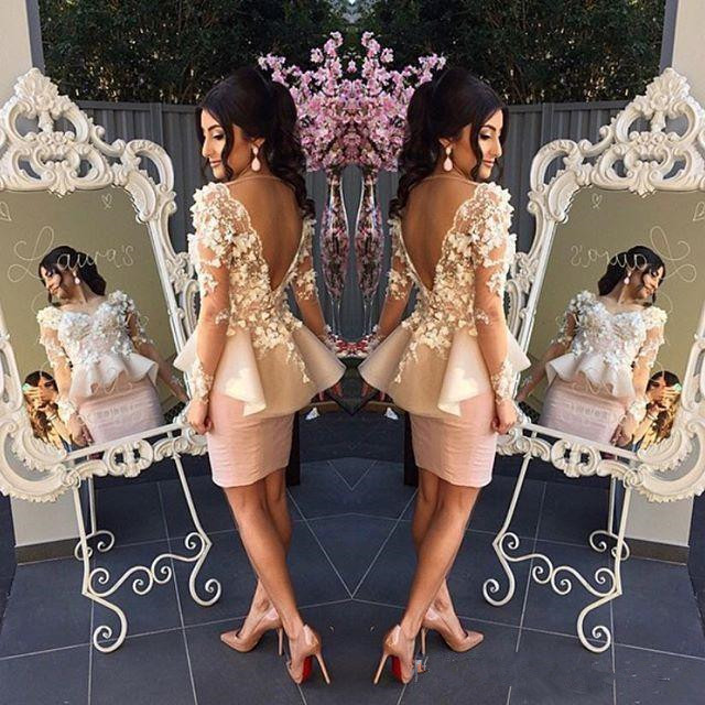 

Illusion Long Sleeves Cocktail Dresses with Peplum 3D-Applique V Neck Short Prom Gowns Club Wear Party Dress, Fuchsia