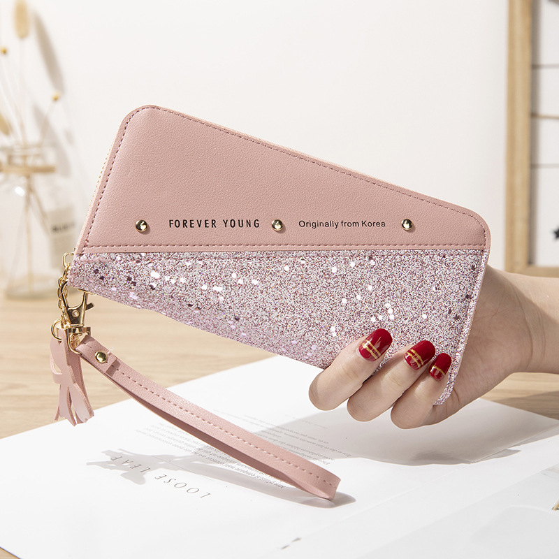 

Ladies New Wallet Long Zipper Wallet Girl Student Korean Stitching Hit Tassel Wild Rivet Phone Bag womens, Red;black