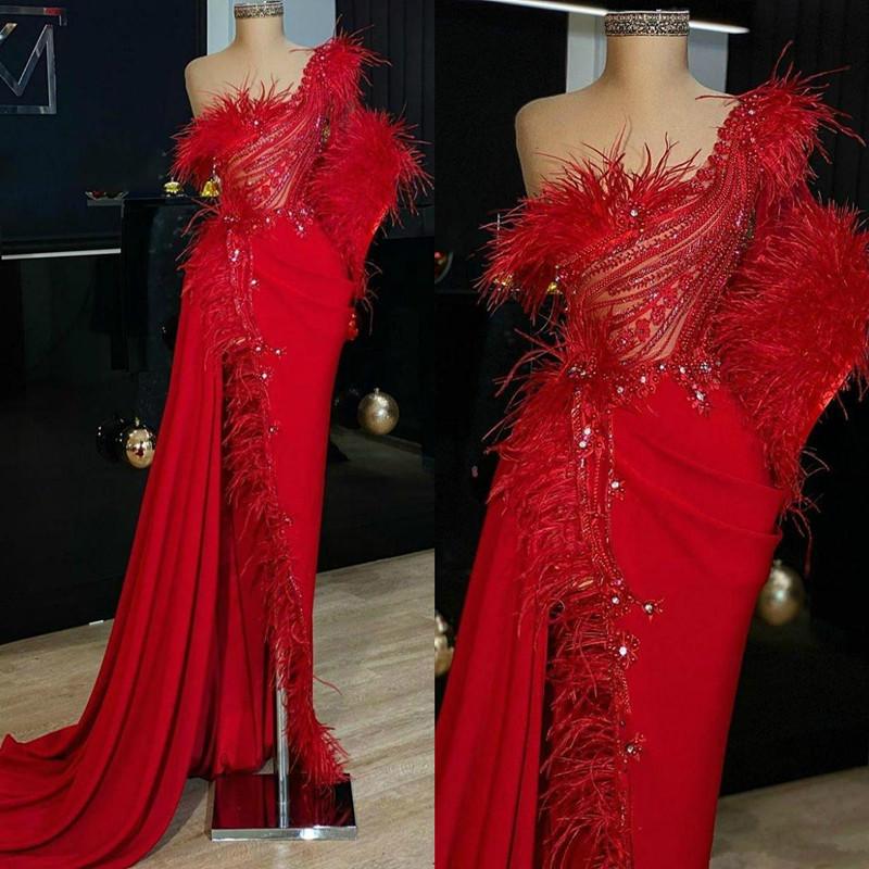 

Red Mermaid Prom Dresses One Shoulder Feather Beads Side Split Formal Evening Gowns Lace-up Back Sweep Train Special Occasion Dress, Fuchsia