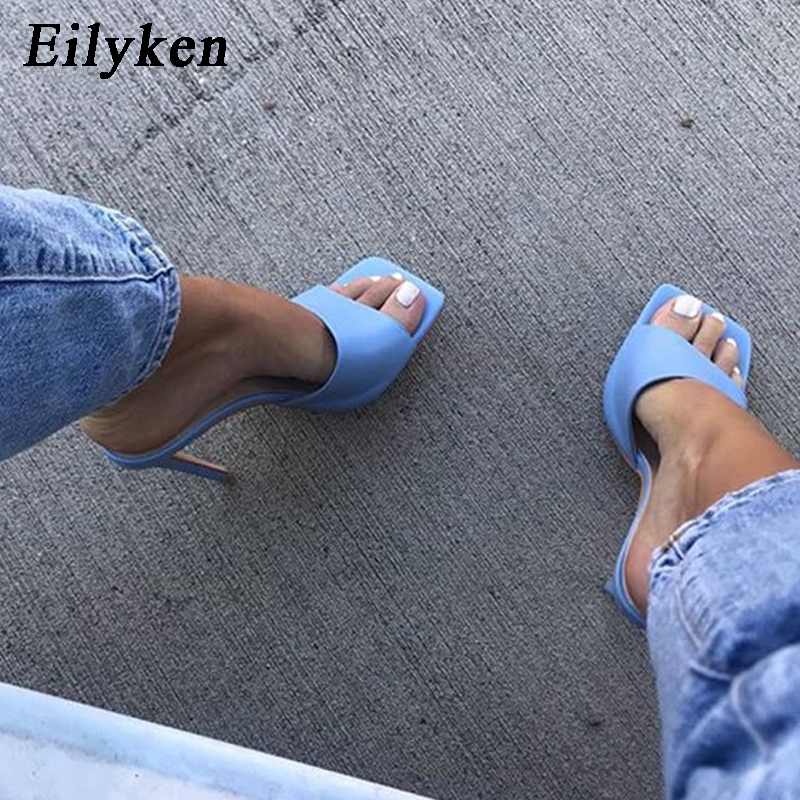 

Eilyken 2020 New Summer Cozy Soft PU Leather Square Toe Women High Heel Mules Slippers Fashion Outdoor Party Dress Ladies Shoes, Apricot